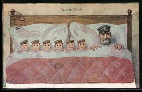 AK Vater auf Urlaub!, Soldat mit sechs Kindern im Bett