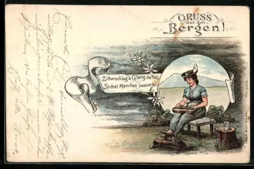Lithographie Gruss aus den Bergen, Frau spielt die Zitter, Bergsteigen