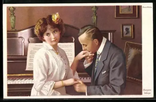 Künstler-AK Arno von Riesen: Herzensklänge, Liebespaar vor dem Klavier