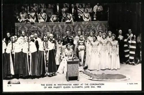 AK Westminster Abbey, Coronation of Queen Elizabeth II. 1953, The Queen takes her seat in the chair of state