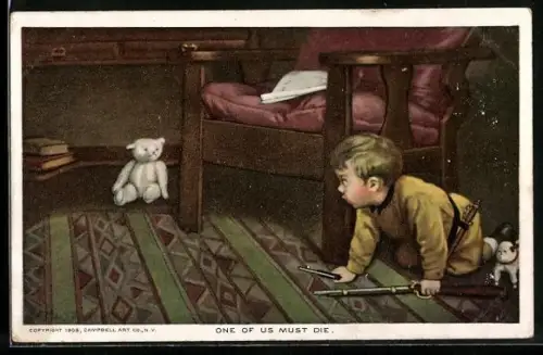 AK Einer von uns muss sterben, Kleiner Junge mit Spielzeuggewehr und Teddy