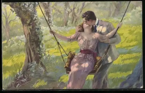 AK Herr küsst junge Frau auf einer Schaukel, Art Deco