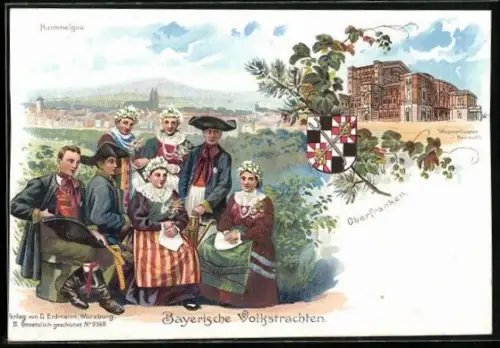 Lithographie 3 Frauen und 3 Männer in bayrischer Volkstracht auf einer Wiese vor Oberfranken