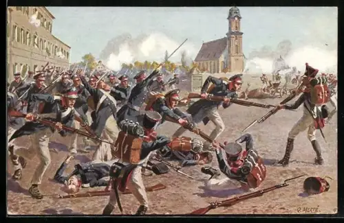 Künstler-AK O. Merte: Erstürmung des Grimmaischen Tores durch das ostpreussische Landwehr-Bataillon 1813