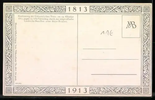 Künstler-AK O. Merte: Erstürmung des Grimmaischen Tores durch das ostpreussische Landwehr-Bataillon 1813