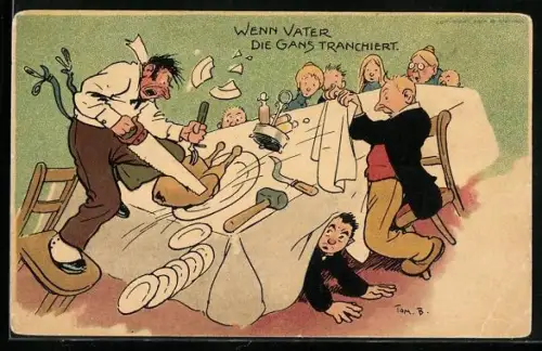 Künstler-AK Tom Browne: When father carves the goose, Vater schneidet die Gans