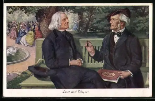Künstler-AK Liszt und Wagner sitzen auf einer Parkbank