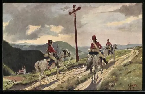 Künstler-AK Richard Knoetel: Preussische Husarenpatrouille im siebenjährigen Krieg