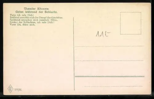 AK Theodor Körners Gebet während der Schlacht, Vater ich rufe Dich, Befreiungskriege