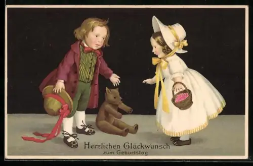 Künstler-AK Fritz Baumgarten (unsign.): Junge bringt dem Mädchen einen Teddy, Herzlichen Glückwunsch zum Geburtstag