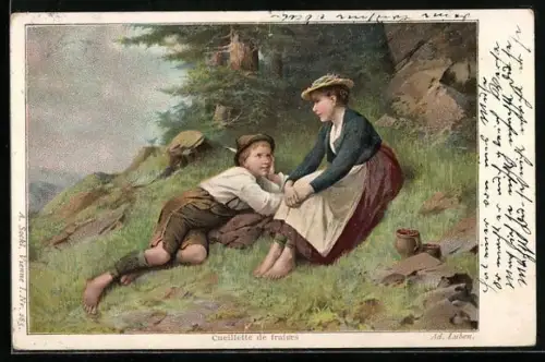 AK Geschwister in bayrischen Trachten machen beim Beerensammeln eine Pause