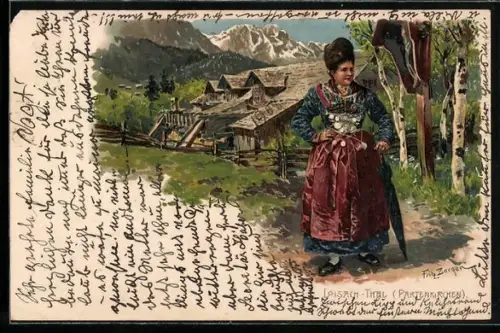 Künstler-AK Fritz Bergen: Loisach-Thal, Frau in Tracht vor einem Flurkreuz stehend