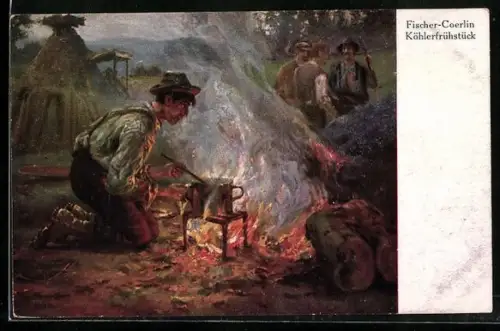AK Köhlerfrühstück, Köhler am Lagerfeuer bereit das FRühstück, Forstwirtschaft