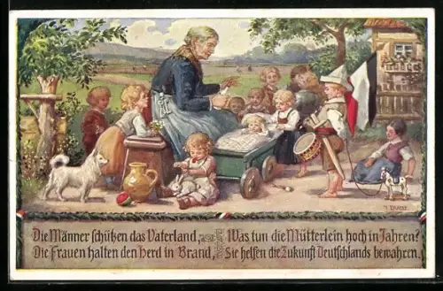 Künstler-AK Die Männer schützen das Vaterland, Was tun die Mütterlein hoch in Jahren?