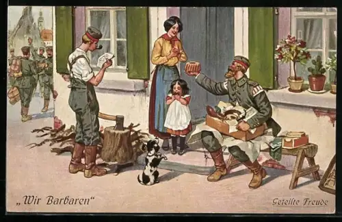 Künstler-AK Arthur Thiele: Wir Barbaren, Geteilte Freude, Soldatenhumor