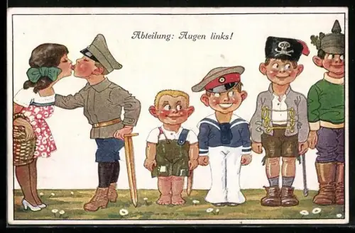 AK Abteilung: Augen links!, Kleiner Soldat küsst seine Frau, Kinder Kriegspropaganda