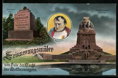 AK Napoleon im Porträt, Napoleon-Stein und Völkerschlachtdenkmal