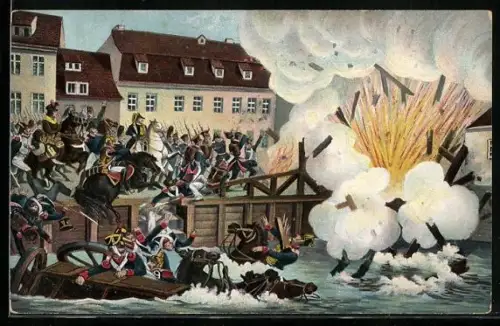 AK Die Sprengung der Elsterbrücke am 19. Okt., fliehende Franzosen