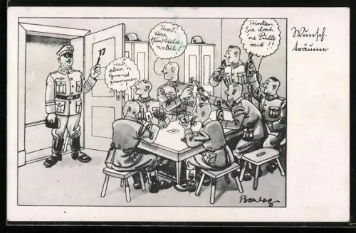 Künstler-AK Ferdinand Barlog: Hauptfeldwebel bei trinkenden Soldaten