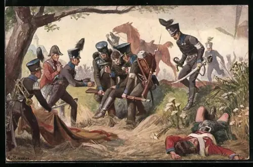 Künstler-AK Quatrebras, Der Heldentod de Herzogs Friedrich Wilhelm von Braunschweig bei Quatrebras 1815, Reichseinigungs