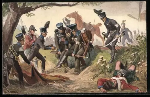 Künstler-AK Quatrebras, Der Heldentod de Herzogs Friedrich Wilhelm von Braunschweig bei Quatrebras 1815, Reichseinigungs