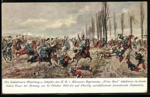 Künstler-AK Soldaten d. K. B. 1. Kürassier Reg. Prinz Karl, attakieren franz. Inf., Reichseinigungskriege