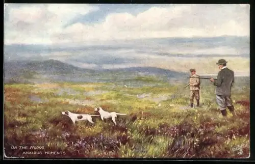 Künstler-AK Jäger mit Gewehren und Jagdhunden auf der Pirsch