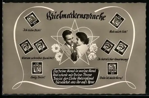 AK Briefmarkensprache, Liebespaar mit Herzmotiv, Ich liebe Dich!