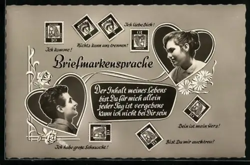 AK Briefmarkensprache, Mann und Frau in Herzen, hl. Elisabeth mit Motivsprüchen Dein ist mein Herz