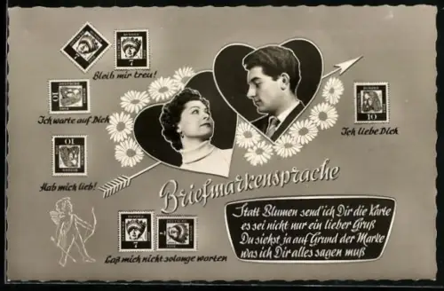 AK Briefmarkensprache für Liebespaare: Lass mich nicht solange warten