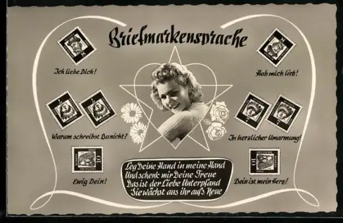 AK Briefmarkensprache, Porträt einer Frau in einem Herzrahmen