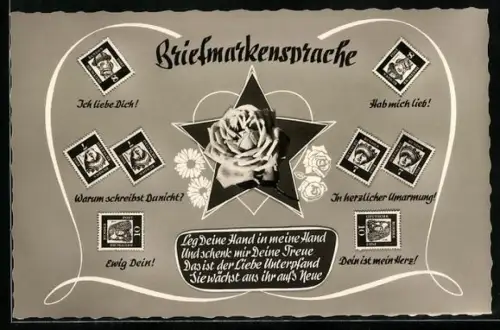 AK Briefmarkensprache, Leg Deine Hand in meine Hand..., Rose