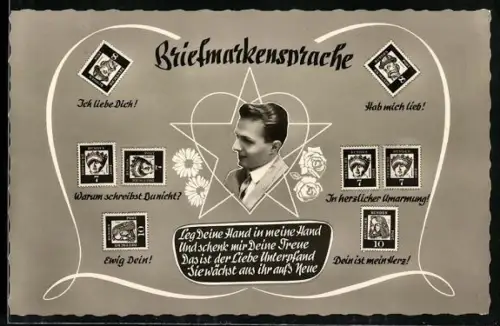 AK Briefmarkensprache, Leg Deine Hand in meine Hand und schenk mir Deine Treue