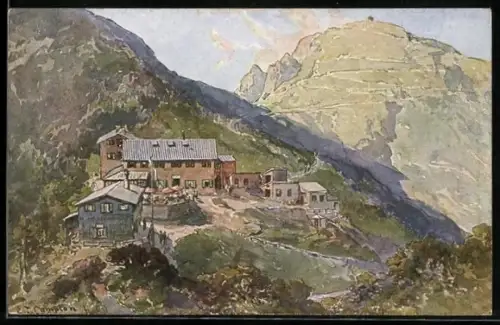 Künstler-AK Edward Harrison Compton: Herzogstand mit Unterkunftshaus, Alpenidyll