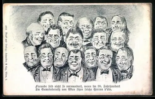 Künstler-AK Wien, Merkwürdige Herren in Anzügen, Freunde seid nicht so verwundert, wenn im 20. Jahrhundert...