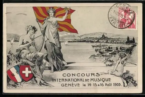 Künstler-AK Genève, Concours Internationale de Musique 1909, Engel, Blick auf den Ort, Wappen