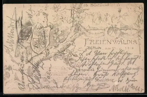 Lithographie Berlin, 25. Stiftungsfest Freienwaldia 1898, Bär im Anzug mit Wappen