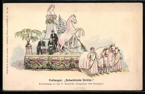 Lithographie Stuttgart, V. Deutsches Sängerfest 1896, Festwagen Schwäbische Dichter
