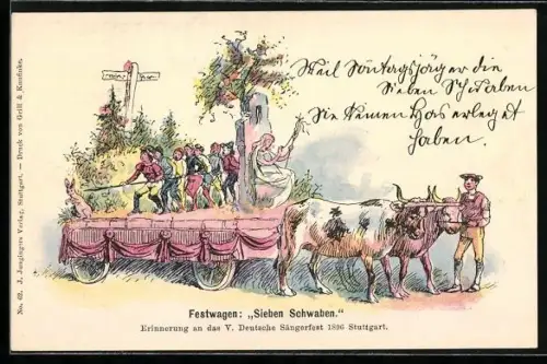 Lithographie Stuttgart, V. Deutsches Sängerfest 1896, Festwagen Sieben Schwaben mit Ochsengespann