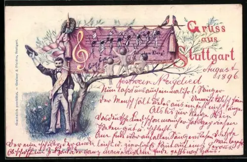 Lithographie Stuttgart, Sängerfest 1896, Mann vor einem Banner mit Musiknoten