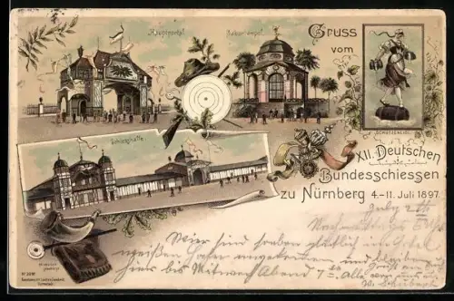 Lithographie Nürnberg, XII. Deutsches Bundesschiessen 1897, Schiesshalle, Gabentempel, Hauptportal