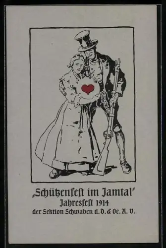 Künstler-AK Schützenfest im Jamtal 1914, Jahresfest der Sektion Schwaben d. D. & Oe. A. V.