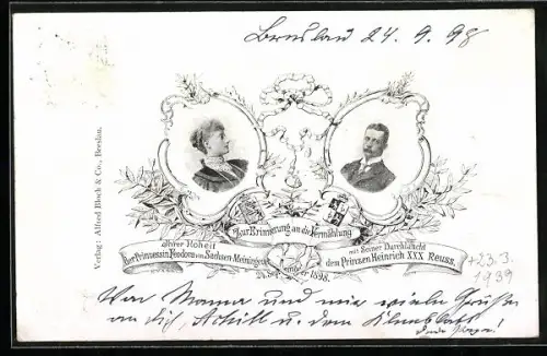 AK Vermählung von Prinzessin Feodora von Sachsen-Meiningen und Prinz Reuss, Heinrich XXX. 1898
