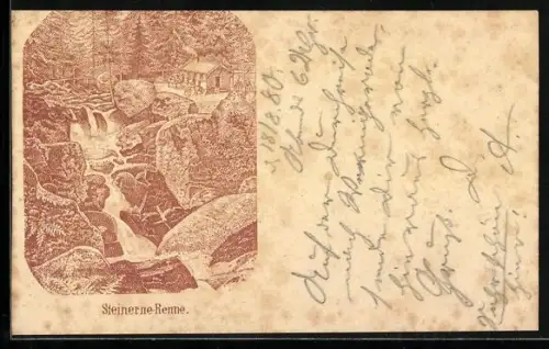 Vorläufer-Lithographie Hasserode, 1880, Steinerne Renne mit Gasthaus und Besuchern