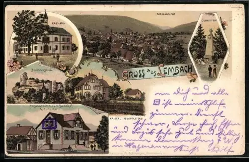 Lithographie Lembach, Restaurant zum Bahnhof, Rathaus, Kaiserl. Oberförsterei, Fleckenstein