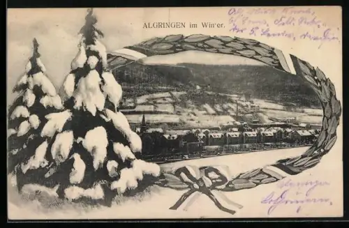 AK Algringen, Ortsansicht im Winter, Passepartout mit verschneiten Tannen
