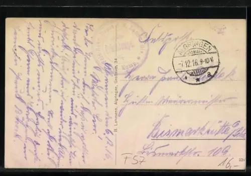 AK Algringen, Ortsansicht im Winter, Passepartout mit verschneiten Tannen