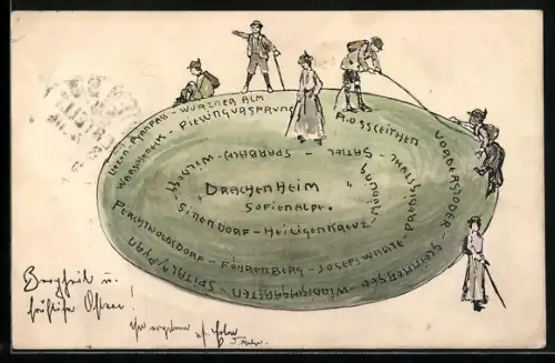 Künstler-AK Handgemalt: Mödling, Bergsteiger auf dem Weg zum Drachenheim Sofienalpe