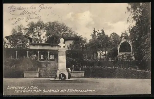 AK Löwenberg i. Schl., Restaurant Buchholz mit Blücherdenkmal