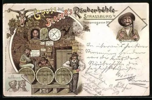 Lithographie Strassburg i. E., Restaurant Serger`s Räuberhöhle, Thomannsgasse 34